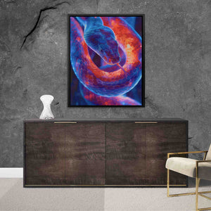 a painting hanging on a wall next to a chair