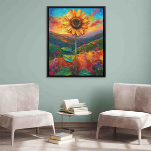 a painting of a sunflower in a living room