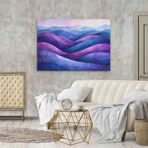 a living room with a couch and a painting on the wall