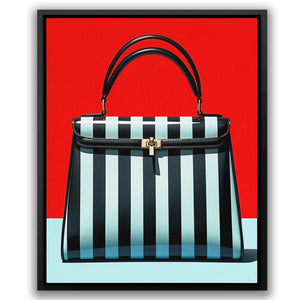a black and white striped purse on a red background