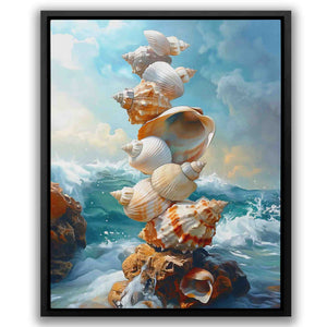 a painting of seashells on a rock in the ocean