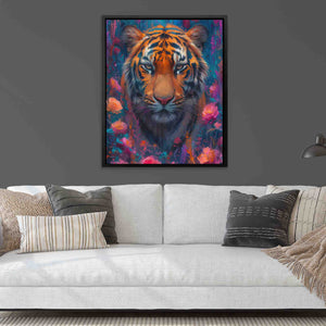 a painting of a tiger in a living room