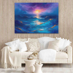 a living room with a couch and a painting on the wall