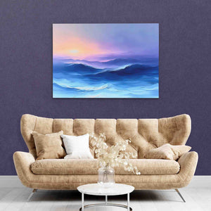 a living room with a couch and a painting on the wall