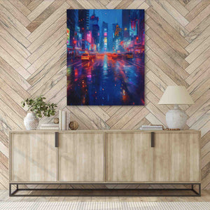 a painting of a city street at night