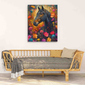 a painting of a horse on a wall above a couch