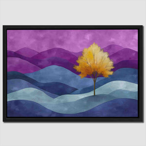 a painting of a yellow tree in a purple landscape