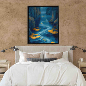 a bedroom with a bed and a painting on the wall