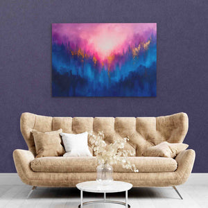 a living room with a couch and a painting on the wall