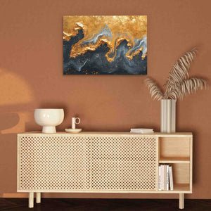 a painting on a wall above a white cabinet