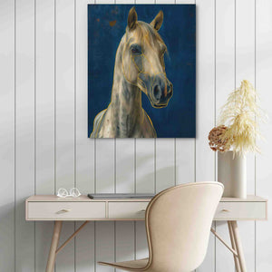 a painting of a white horse on a blue background