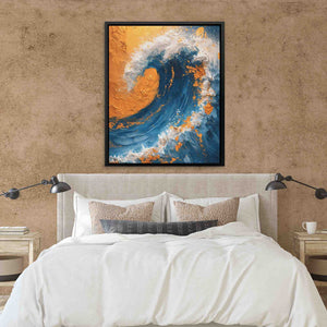 a bedroom with a bed and a painting on the wall