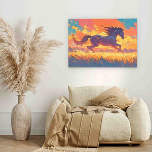 a painting of a horse running in a field