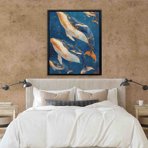 a bedroom with a large bed and a painting on the wall