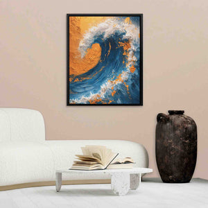 a living room with a white couch and a painting on the wall