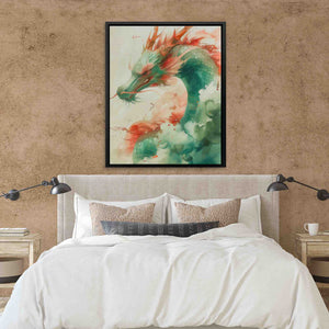 a bedroom with a large bed and a painting on the wall