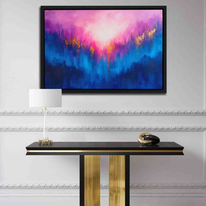 a painting hanging on a wall above a table