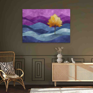 a living room with a painting on the wall