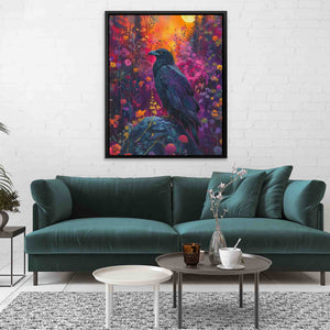 a living room with a blue couch and a painting on the wall