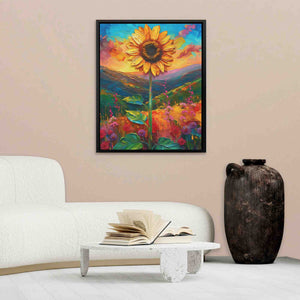 a painting of a sunflower in a living room