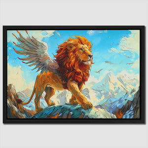 a painting of a lion with wings on a mountain