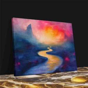 a painting of a river with a mountain in the background