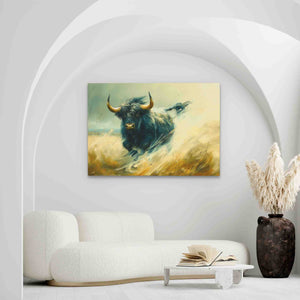 a living room with a white couch and a painting on the wall