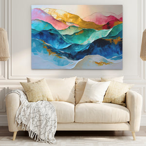 a living room with a couch and a painting on the wall