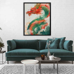 a living room with a blue couch and a painting on the wall