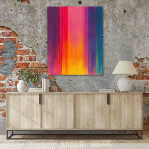 a painting hanging on a brick wall next to a sideboard