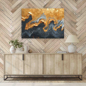 a painting hanging on a wall next to a sideboard