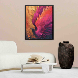 a living room with a white couch and a painting on the wall