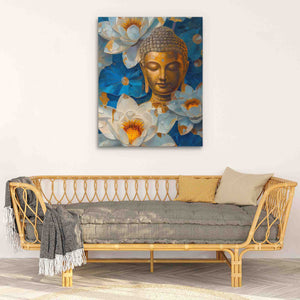 a living room with a couch and a painting on the wall