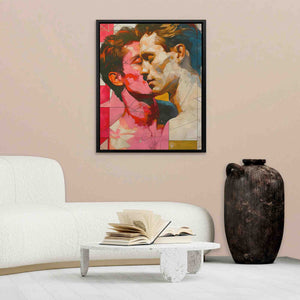 a living room with a white couch and a painting on the wall