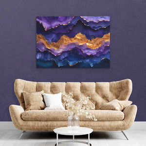 a living room with a couch and a painting on the wall