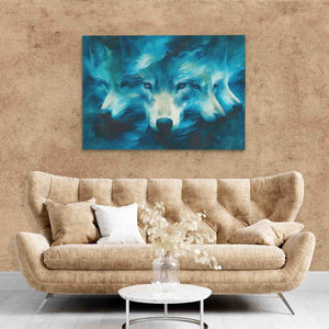 a living room with a couch and a painting on the wall