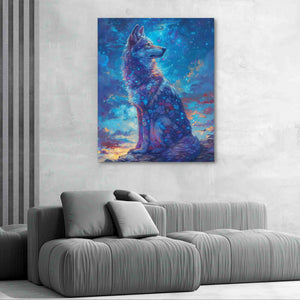 a living room with a couch and a painting on the wall