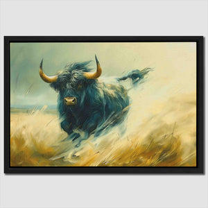 a painting of a bull running through a field