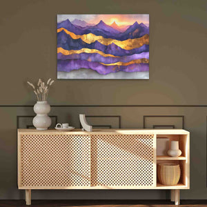 a painting hanging on a wall above a wooden cabinet