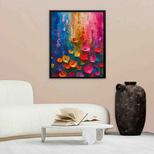 a living room with a white couch and a painting on the wall