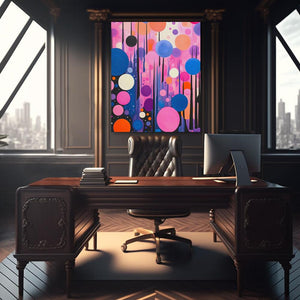 a desk with a laptop on it in front of a large painting