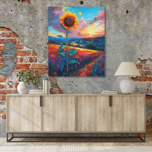 a painting of a sunflower on a brick wall
