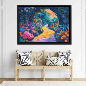 a painting on a wall above a wooden bench