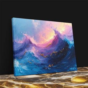 a painting of a blue and pink wave