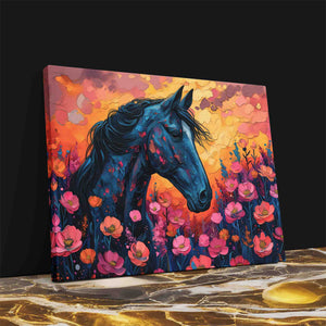 a painting of a horse in a field of flowers