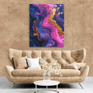 a living room with a couch and a painting on the wall