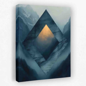 a painting of a mountain scene with a pyramid