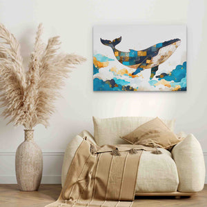 a living room with a couch and a painting on the wall
