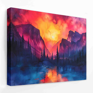a painting of a sunset over a mountain lake
