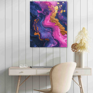 a desk with a chair and a painting on the wall